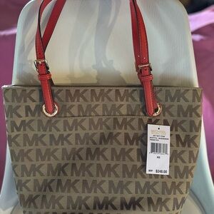Michael Kors Tan and Orange Logo Tote
